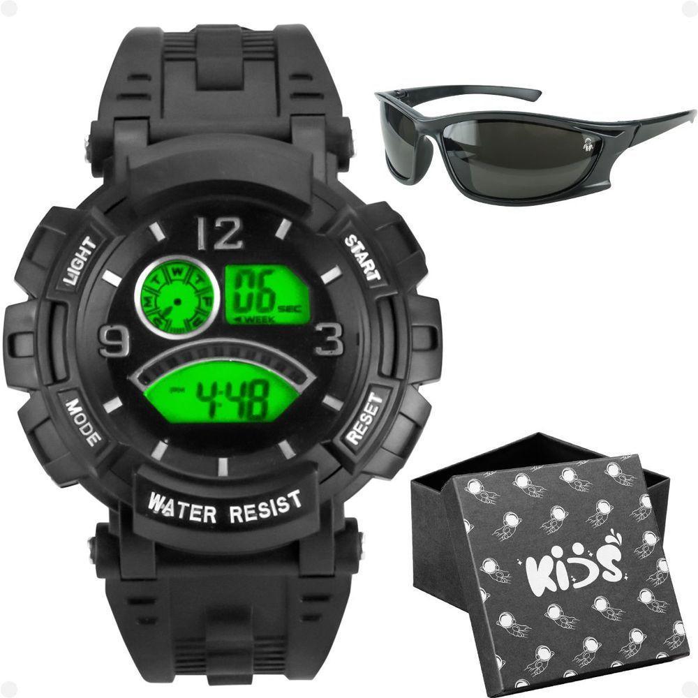 Relogio Digital Infantil Preto Silicone + Caixa + Oculos Sol Menino Data Cronometro Proteção Uv - 1