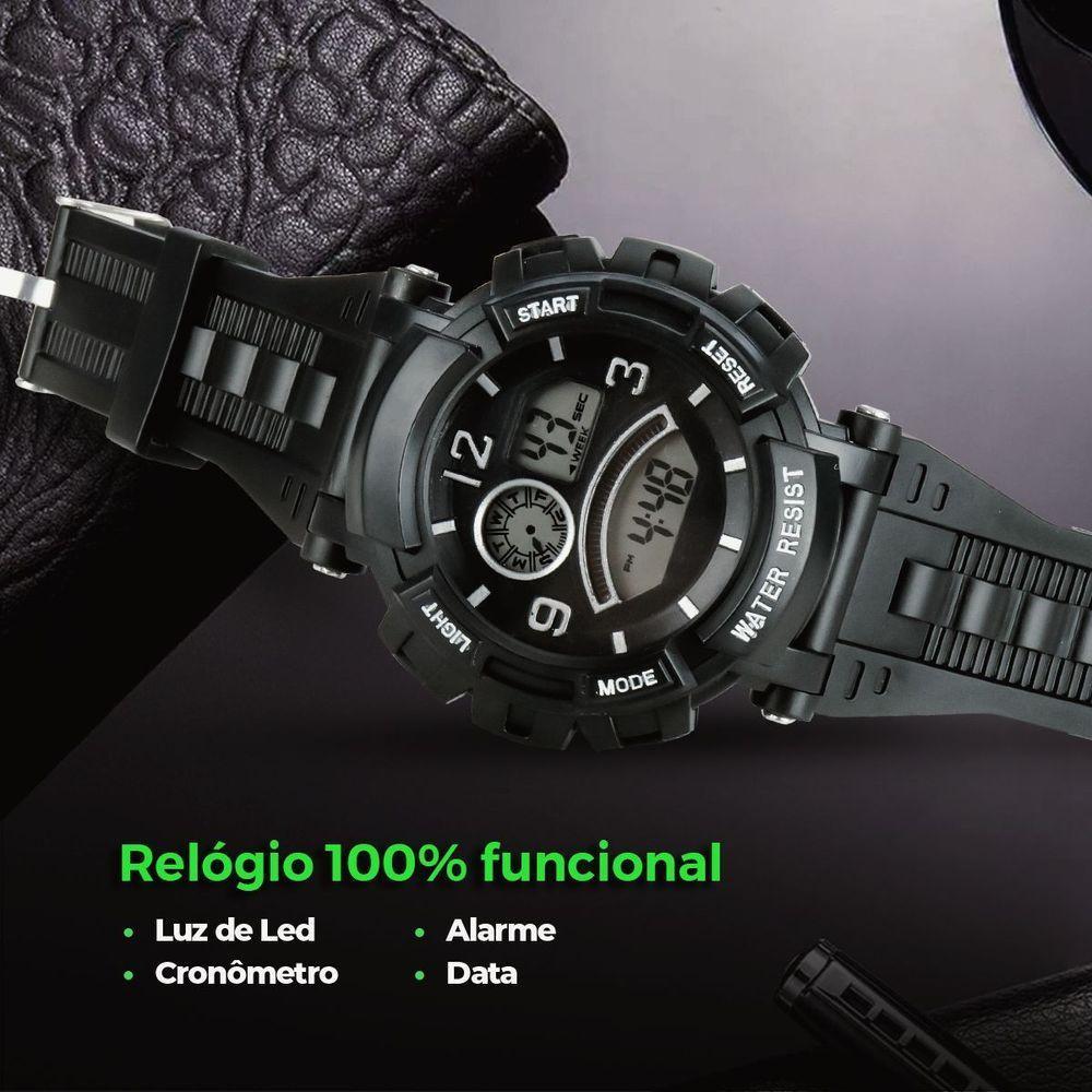 Relogio Digital Infantil Preto Silicone + Caixa + Oculos Sol Menino Data Cronometro Proteção Uv - 3