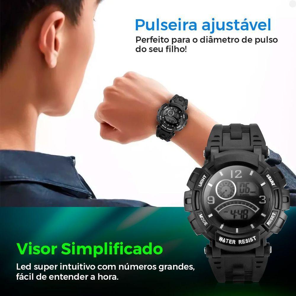 Relogio Digital Infantil Preto Silicone + Caixa + Oculos Sol Menino Data Cronometro Proteção Uv - 5