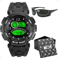 Relogio Digital Infantil Preto Silicone + Caixa + Oculos Sol Menino Data Cronometro Proteção Uv - 1