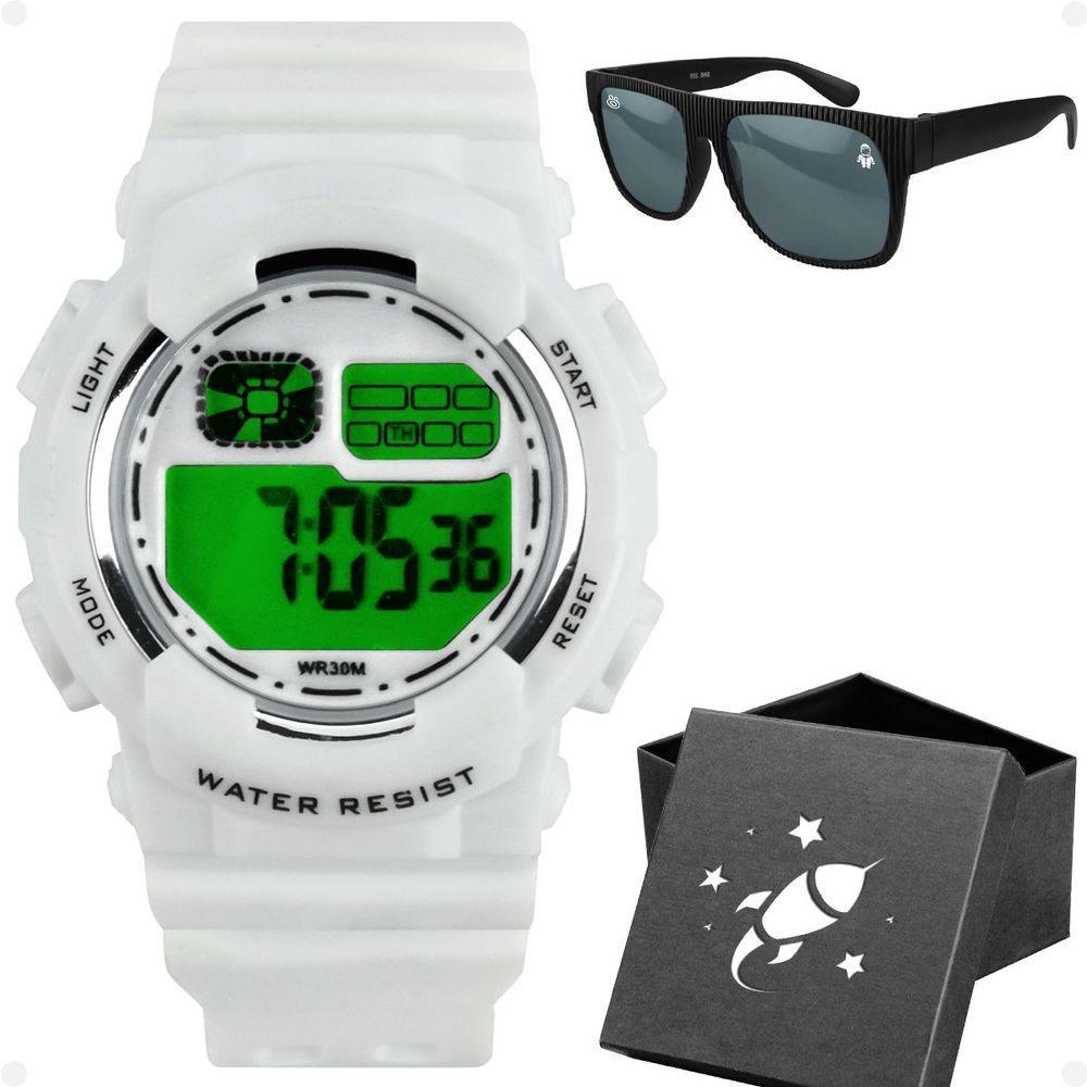 Relogio Menino Branco Infantil Digital + Oculos Sol + Caixa Data Presente Qualidade Premium Criança - 1