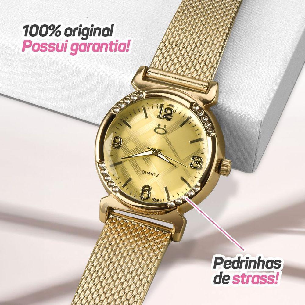 Relogio Feminino Dourado Aço + Colar Mãe Coração + Caixa Social Moda Casual Presente Silicone Strass - 4
