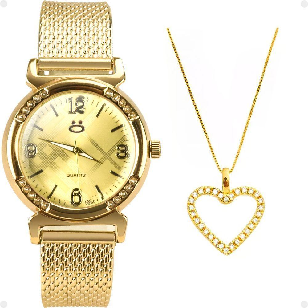 Relogio Feminino Dourado Aço + Colar Mãe Coração + Caixa Social Moda Casual Presente Silicone Strass - 5