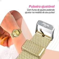Relogio Feminino Dourado Aço + Colar Mãe Coração + Caixa Social Moda Casual Presente Silicone Strass - 2