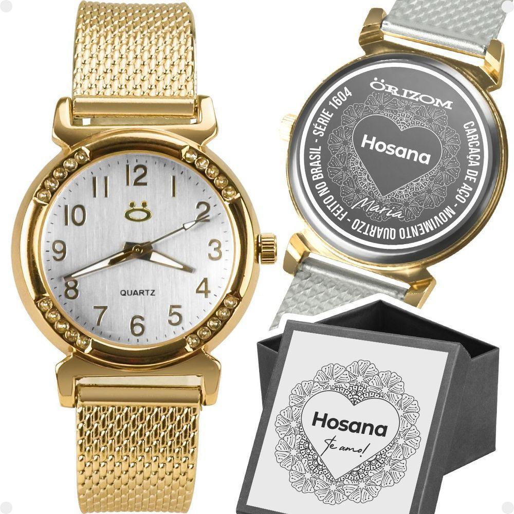 Relogio Feminino Silicone Dourado Banhado Inox Aço + Caixa Moda Presente Personalize Social Casual - 1
