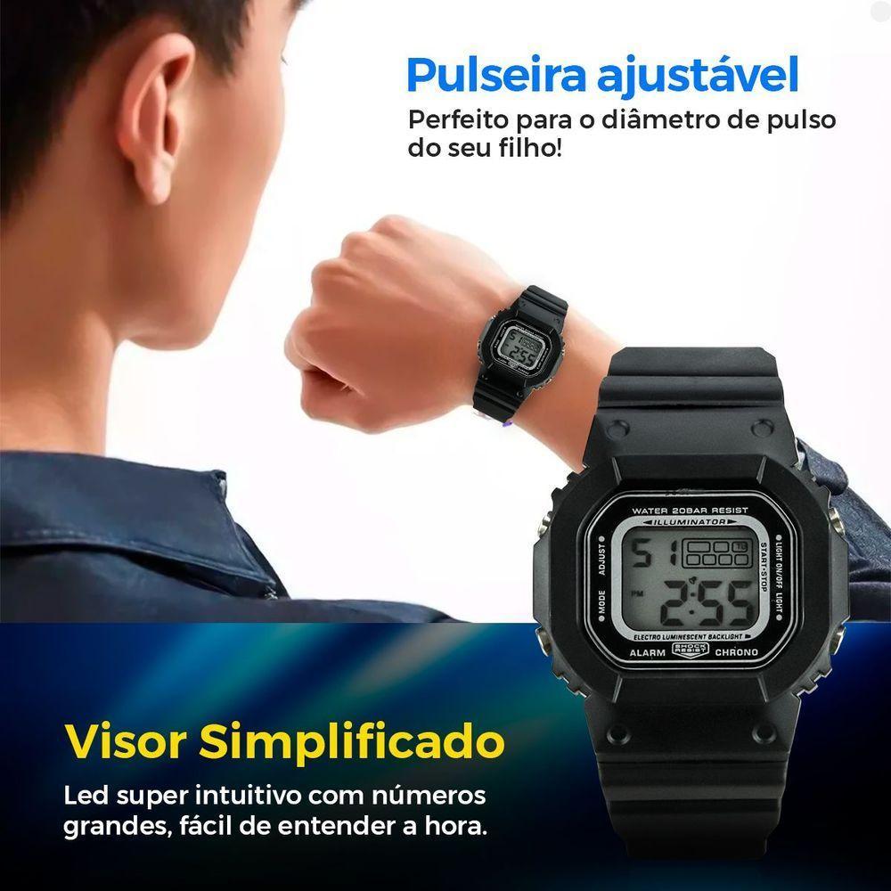 Relogio Criança Silicone Digital Infantil Menino + Caixa Qualidade Premium Preto Cronometro Data - 4