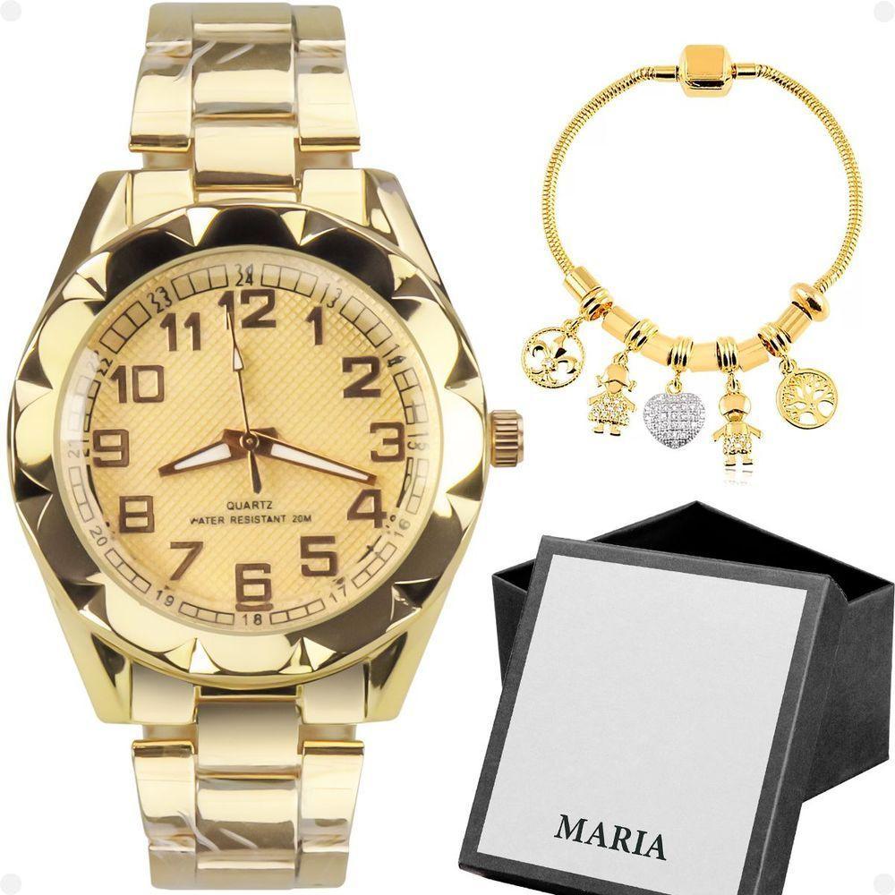 Relogio Feminino Prova Dagua Aço + Pulseira + Dourado Caixa Presente Casual Qualidade Premium Social - 1