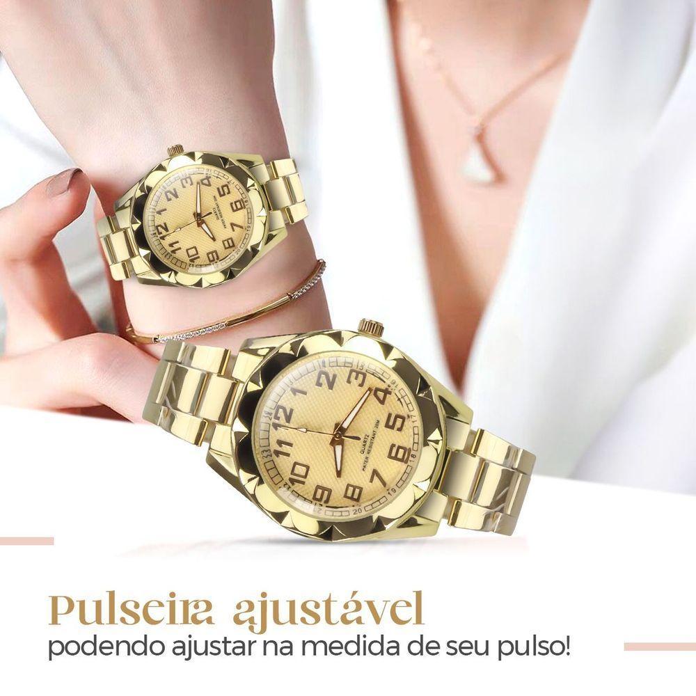 Relogio Feminino Prova Dagua Aço + Pulseira + Dourado Caixa Presente Casual Qualidade Premium Social - 2