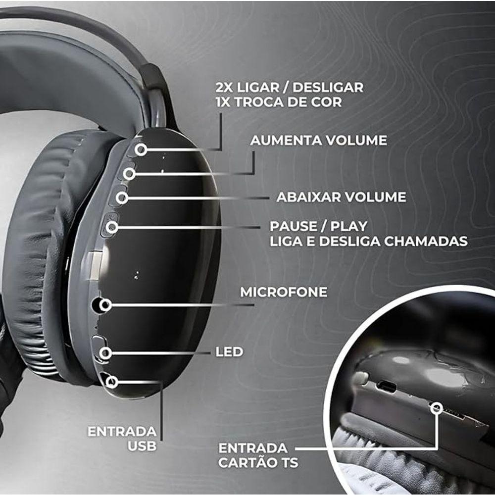 Fone De Ouvido Sem Fio Bluetooth V5.3 Com Led Preto - 6