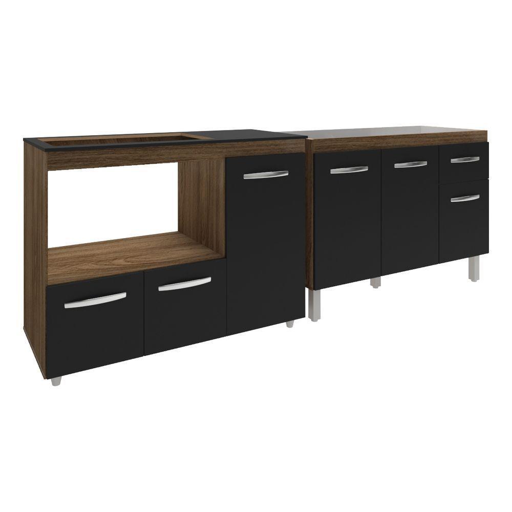 Gabinete Cozinha Armário Balcão De Pia 120 Cm Aline E Balcão Para Fogão Cooktop 5 Bocas E Forno Alana Savana Preto - 1