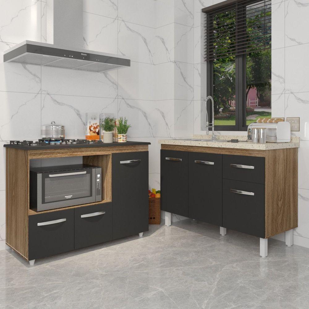 Gabinete Cozinha Armário Balcão De Pia 120 Cm Aline E Balcão Para Fogão Cooktop 5 Bocas E Forno Alana Savana Preto - 6