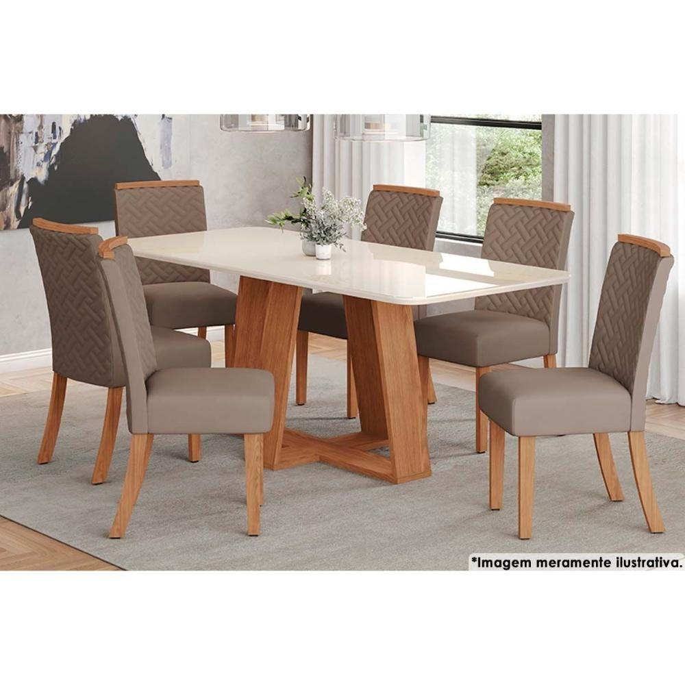 Sala de Jantar Completa Lins c/ Tampo Madeirado c/ Vidro Curvo 200x90cm e 6 Cadeiras Malu Nature/Marrom Amêndoa - Henn - 1