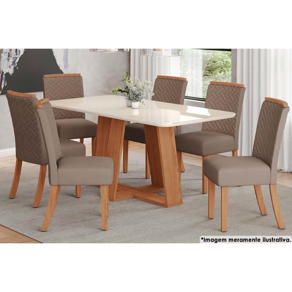 Sala de Jantar Completa Lins c/ Tampo Madeirado c/ Vidro Curvo 180x90cm e 6 Cadeiras Malu Nature/Marrom Amêndoa - Henn - 1
