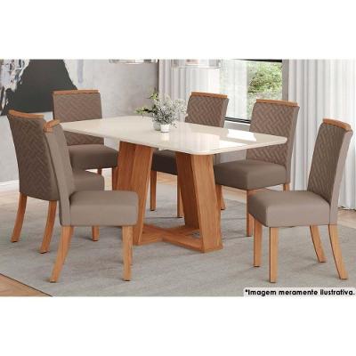 Sala de Jantar Completa Lins c/ Tampo Madeirado c/ Vidro Curvo 180x90cm e 6 Cadeiras Malu Nature/Marrom Amêndoa - Henn