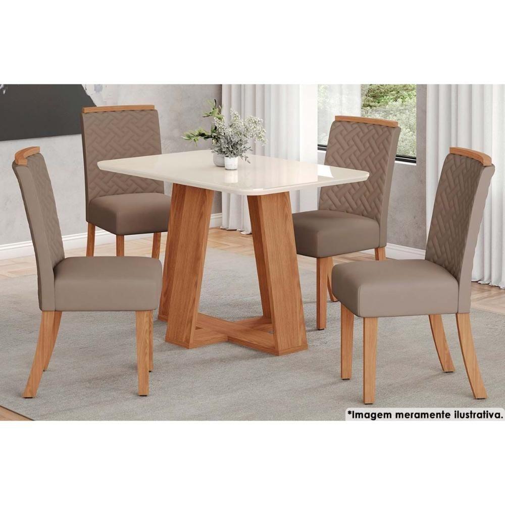 Sala de Jantar Completa Lins c/ Tampo Madeirado c/ Vidro Curvo 120x80cm e 4 Cadeiras Malu Nature/Marrom Amêndoa - Henn - 1