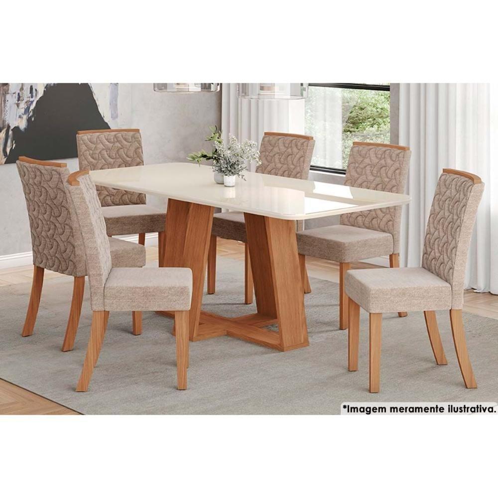 Sala de Jantar Completa Lins c/ Tampo Madeirado c/ Vidro Curvo 200x90cm e 6 Cadeiras Esther Nature/Creme - Henn - 1