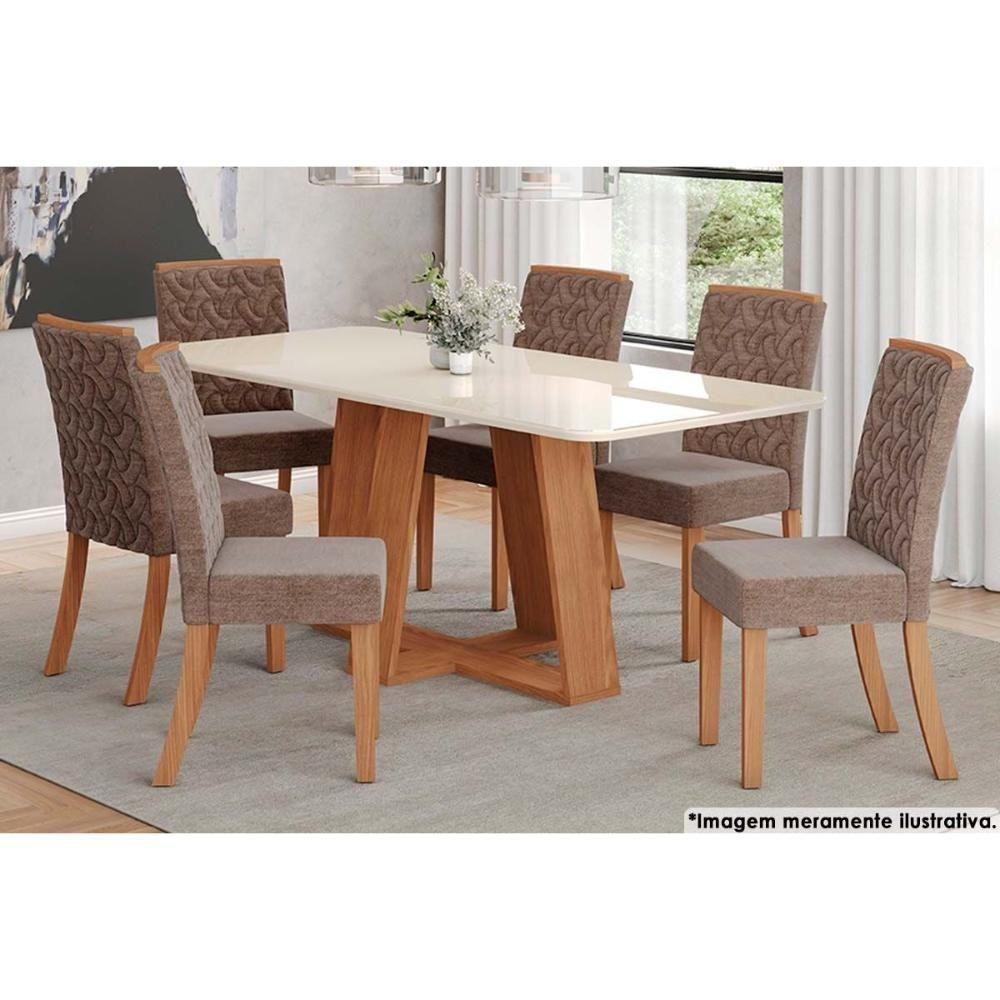 Sala de Jantar Completa Lins c/ Tampo Madeirado c/ Vidro Curvo 200x90cm e 6 Cadeiras Esther Nature/Cacao - Henn - 1