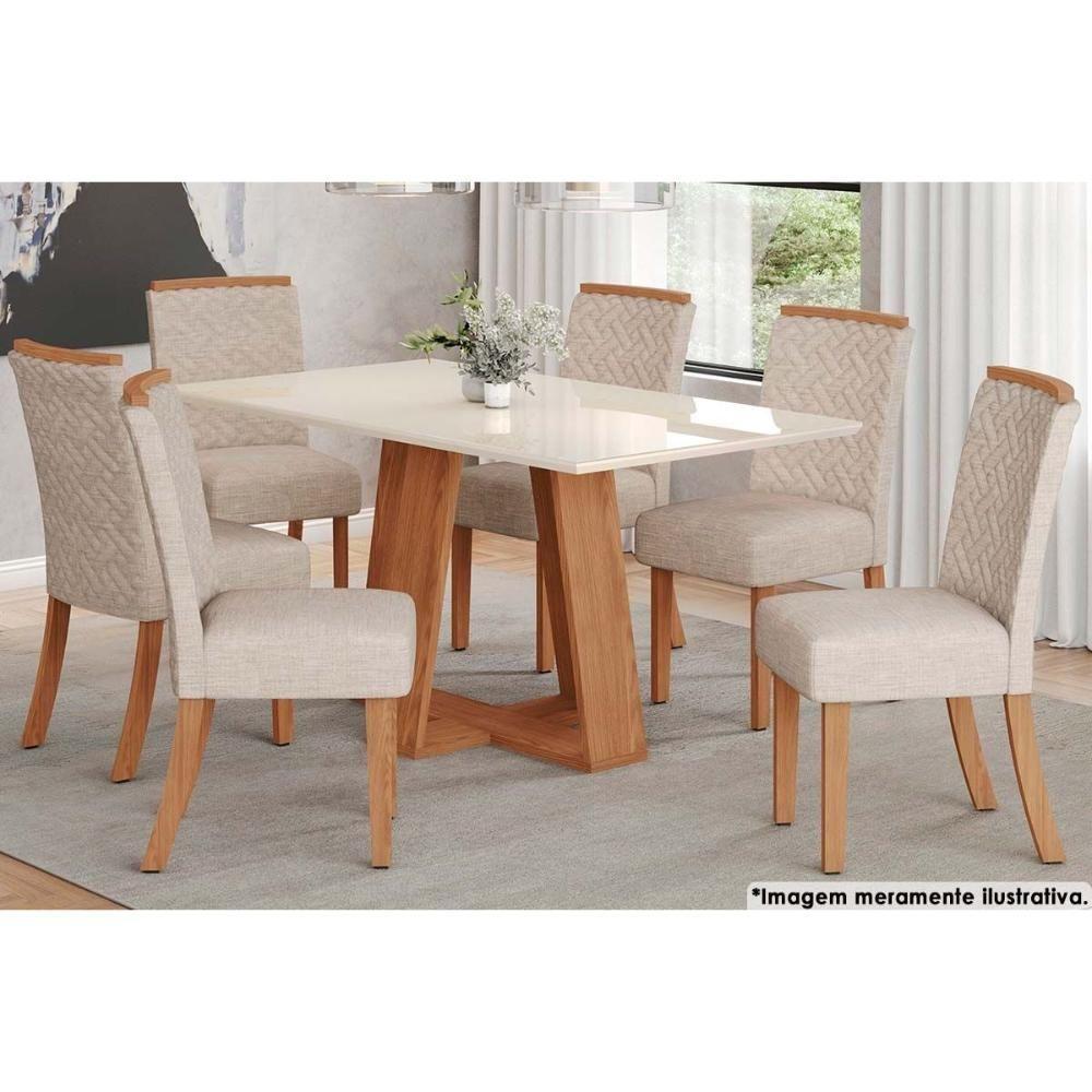 Sala de Jantar Completa Lins c/ Tampo Madeirado c/ Vidro 160x90cm e 6 Cadeiras Malu Nature/Veludo Light Linho - Henn - 1