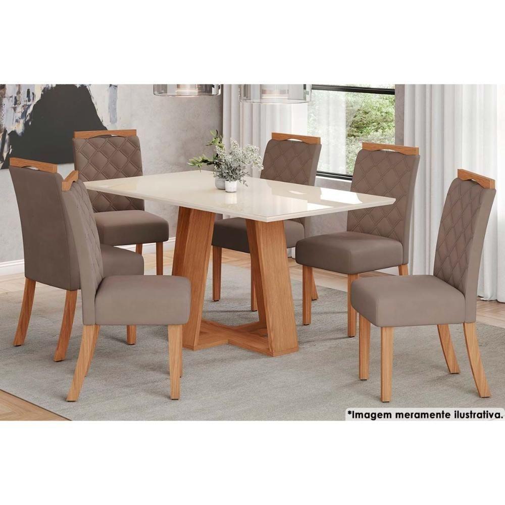 Sala de Jantar Completa Lins c/ Tampo Madeirado c/ Vidro 160x90cm e 6 Cadeiras Bella Nature/Marrom Amêndoa - Henn - 1