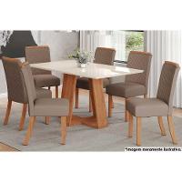 Sala de Jantar Completa Lins c/ Tampo Madeirado c/ Vidro 160x90cm e 6 Cadeiras Malu Nature/Marrom Amêndoa - Henn - 1