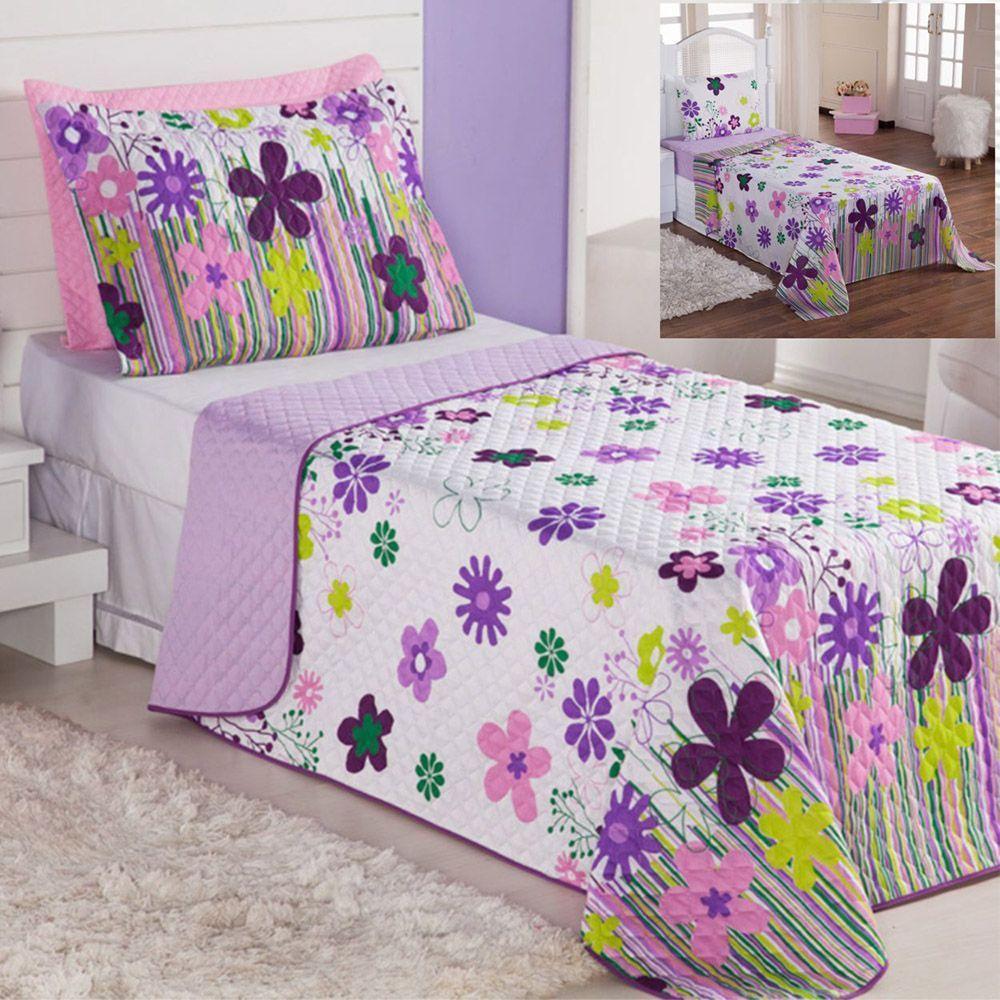 Kit Coordenado Cobre Leito Com Lençol Solteiro Alegria Lilás - 1