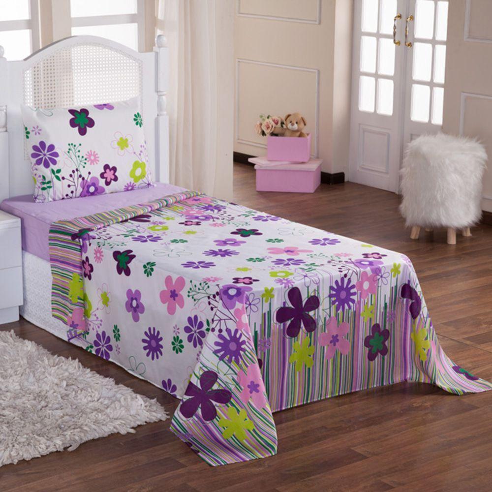 Kit Coordenado Cobre Leito Com Lençol Solteiro Alegria Lilás - 4