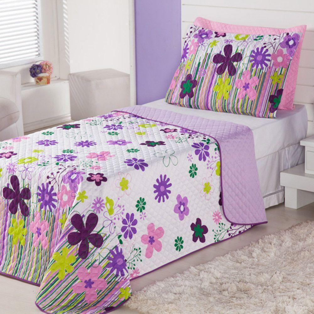 Kit Coordenado Cobre Leito Com Lençol Solteiro Alegria Lilás - 7
