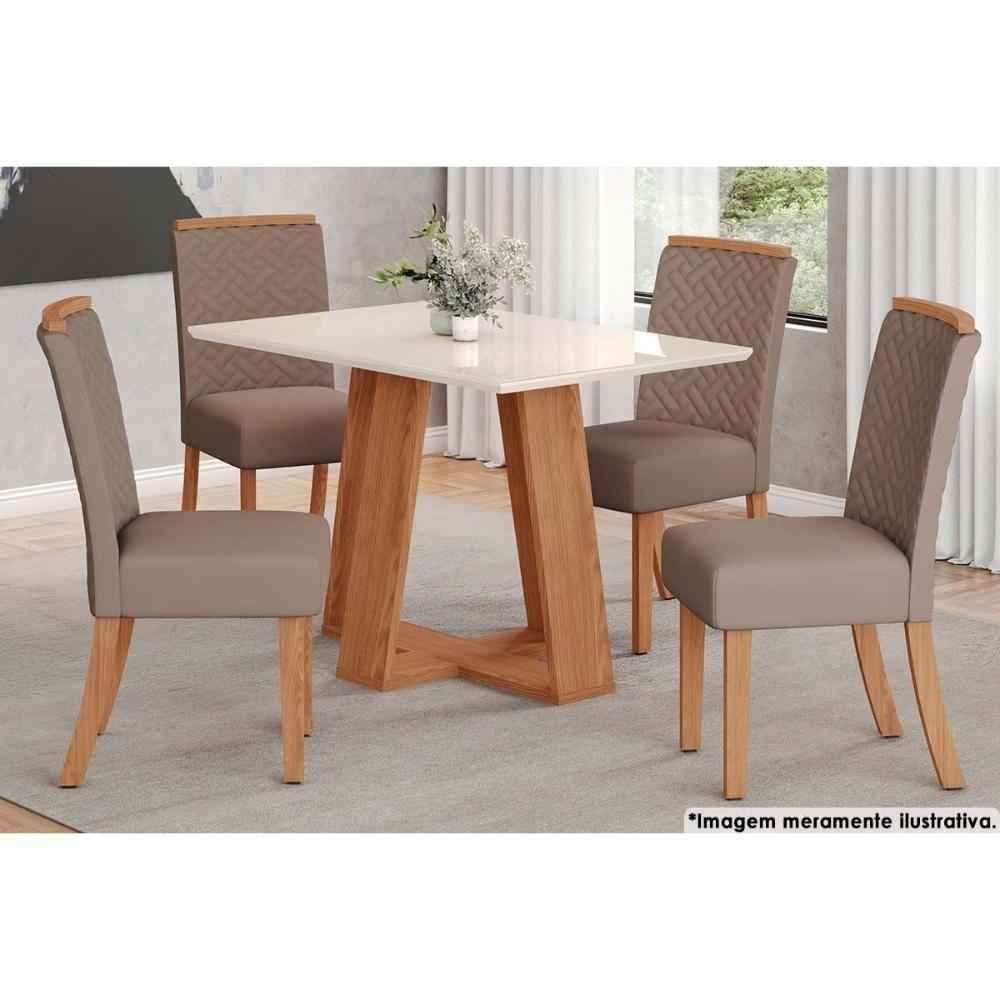 Sala de Jantar Completa Lins Tampo Reto Madeirado c/Vidro 120x80cm e 4 Cadeiras Malu Nature/Marrom Amêndoa - Henn - 1