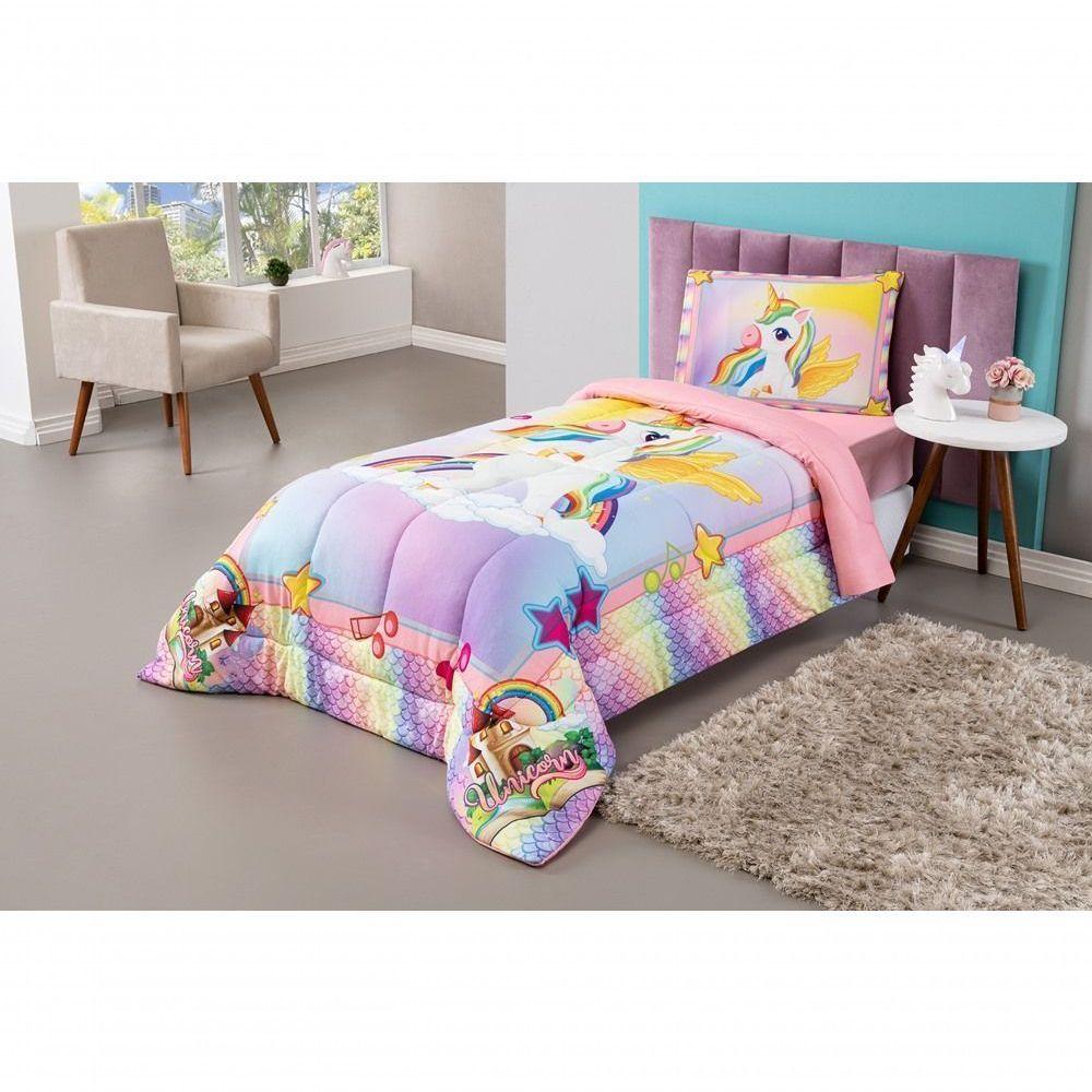 Kit Edredom + Lençol Plush Fofinho Infantil Dupla Face Dream 3 Peças Solteiro - Unicórnio - 2