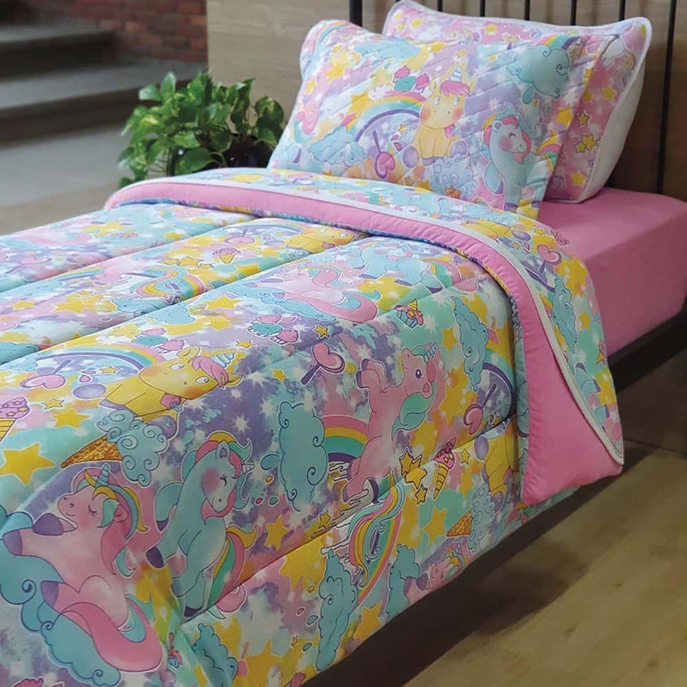 Kit Edredom Alegria Dupla Face Solteiro 2 Peças Malha Estampada 100% Algodão - Unicórnio - 1