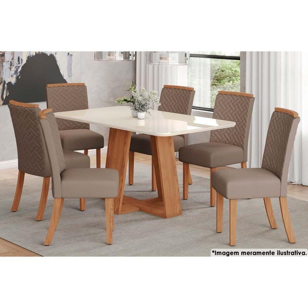 Sala de Jantar Completa Lins c/ Tampo Madeirado c/ Vidro Curvo 160x90cm e 6 Cadeiras Malu Nature/Marrom Amêndoa - Henn - 1
