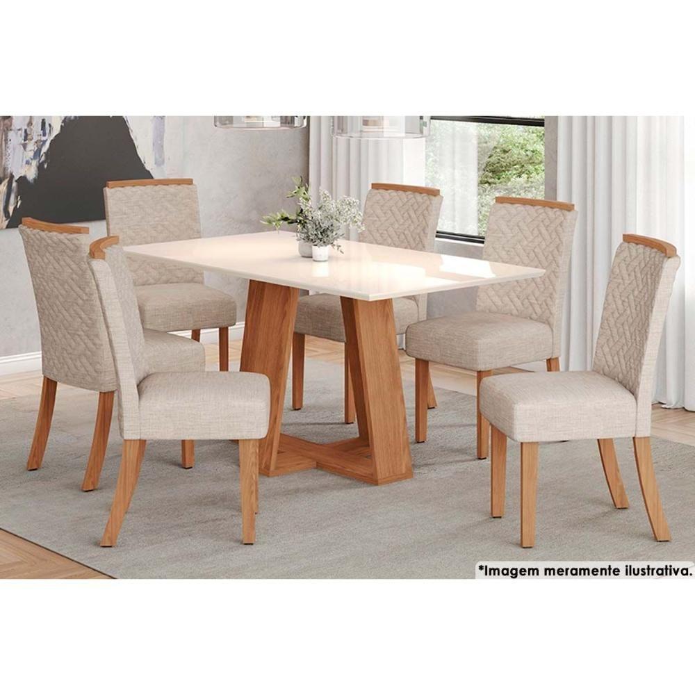 Sala de Jantar Completa Lins c/ Tampo Madeirado Reto 160x90cm e 6 Cadeiras Malu Nature/Veludo Light Linho - Henn - 1