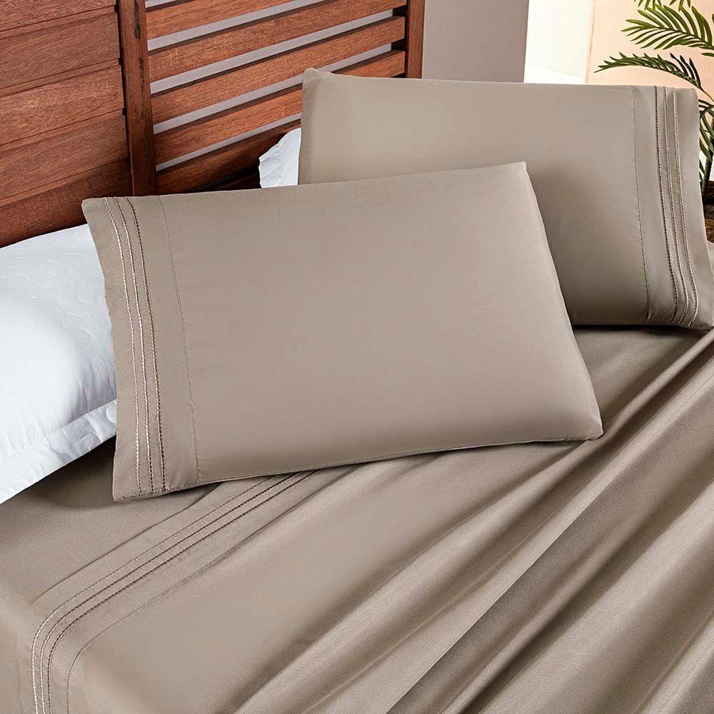 Jogo De Lençol Aria King 4 Peças Micropercal 200 Fios Suave Detalhe Bordado - Taupe Bege - 1