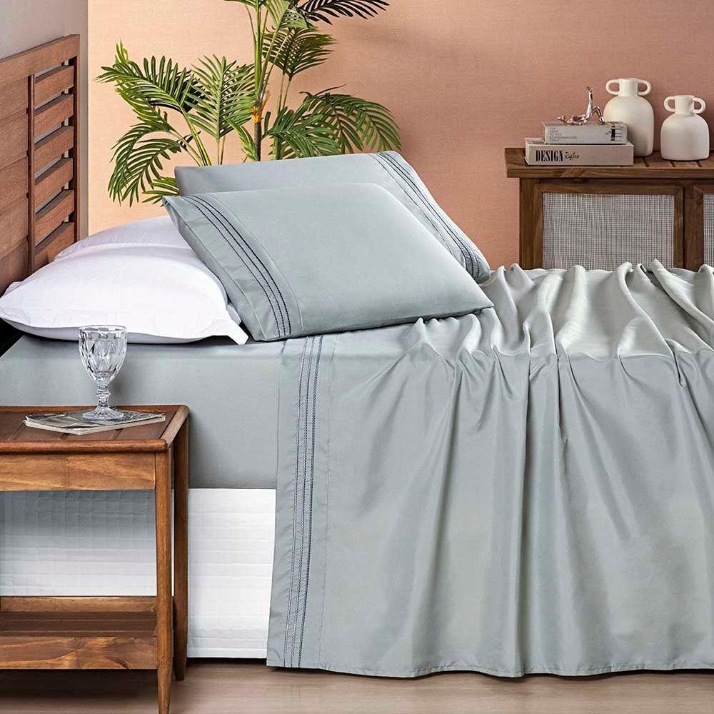 Jogo De Lençol Aria King 4 Peças Micropercal 200 Fios Suave Detalhe Bordado - Cinza - 2