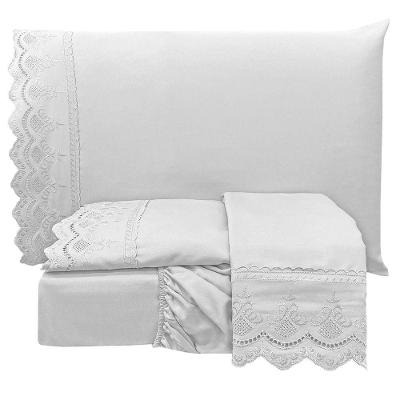 Jogo De Cama Lençol Realce Queen 4 Peças Percal 300 Fios Bordado Inglês Macio - Branco