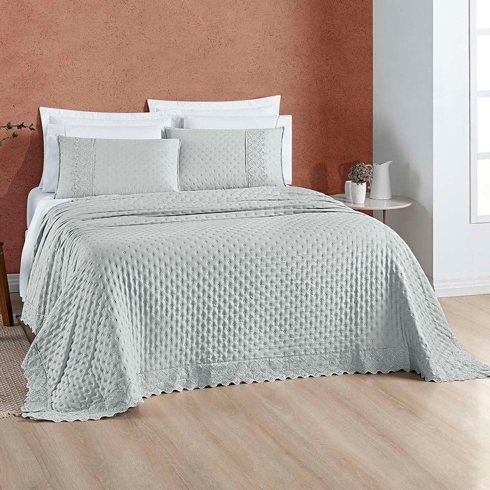 Kit Cobre Leito Colcha Nobre Casal Padrão 3 Peças Micropercal 200 Fios Matelado - Cinza Geada - 4