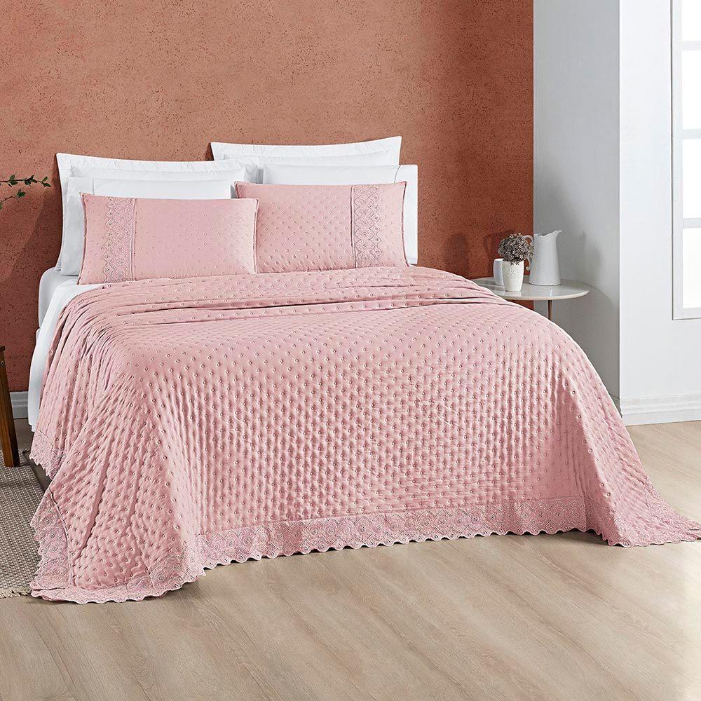 Kit Cobre Leito Colcha Nobre Casal Padrão 3 Peças Micropercal 200 Fios Matelado - Sal Rosa - 2