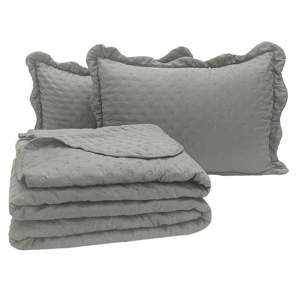 Kit Cobre Leito Colcha Alvorada Queen 3 Peças Percal 300 Fios Clássico - Cinza - 1
