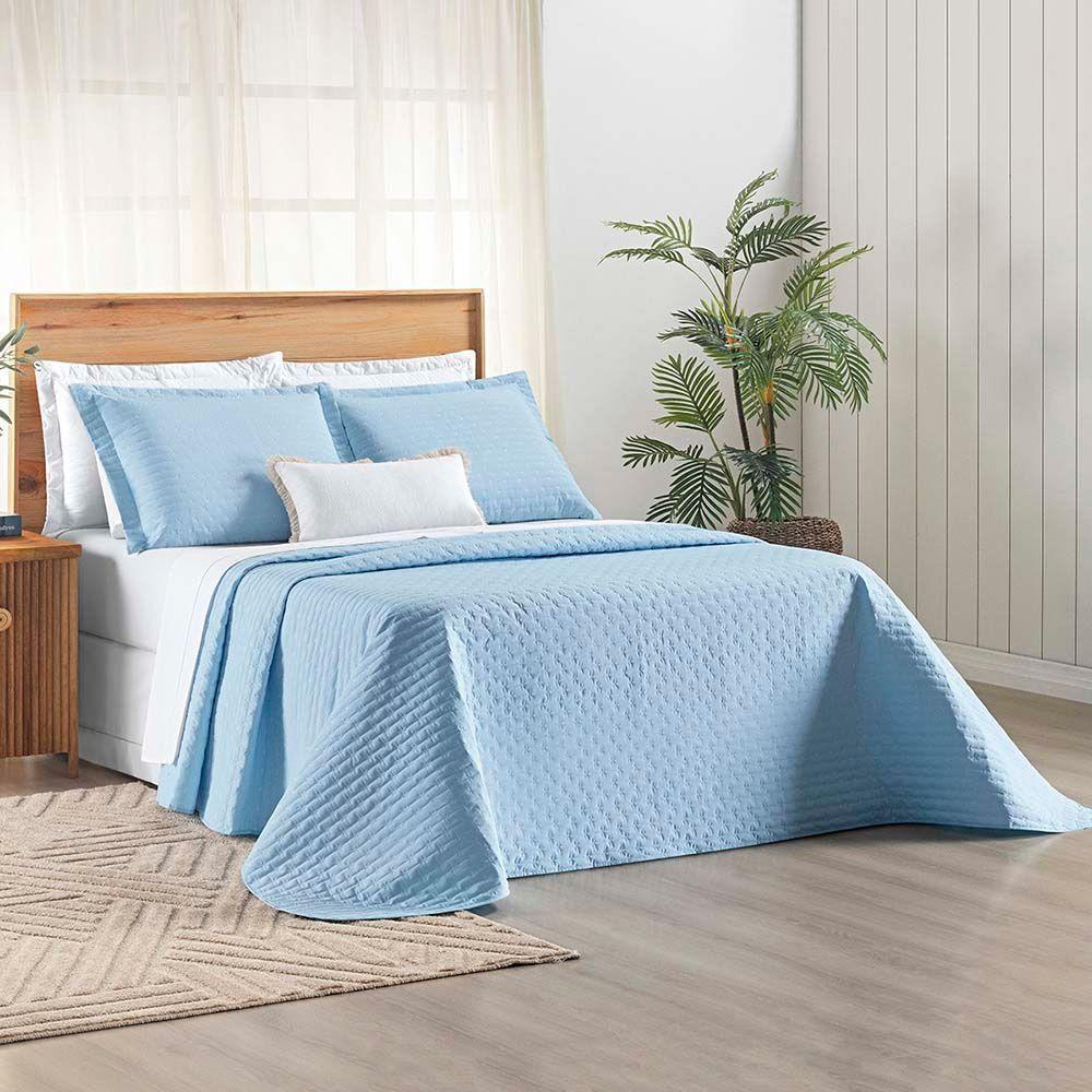 Kit Cobre Leito Colcha Quality Queen 3 Peças Percale 200 Fios Bordado - Azul Céu - 3