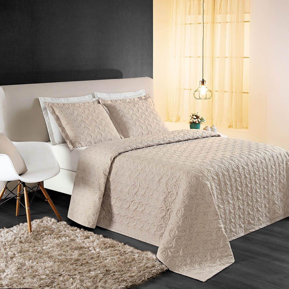 Kit Cobre Leito Colcha Tendência King 3 Peças Micropercal 200 Fios Bordado Premium - Cáqui - 3