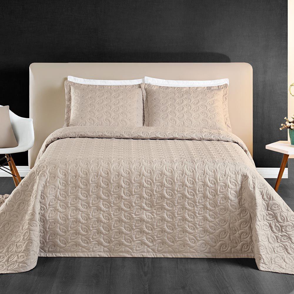 Kit Cobre Leito Colcha Tendência King 3 Peças Micropercal 200 Fios Bordado Premium - Cáqui - 4