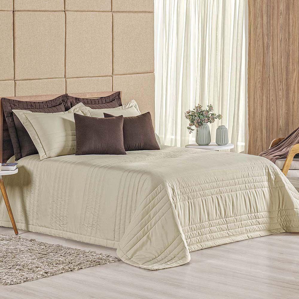 Kit Cobre Leito Colcha Dobby King 3 Peças Matelado 180 Fios - Cáqui - 1