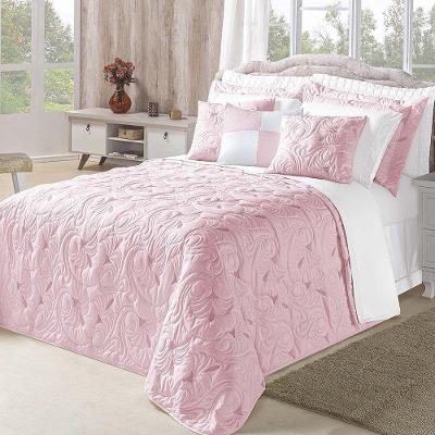 Kit Cobre Leito Colcha Diamante King 5 Peças Bordado Floral Dupla Face 180 Fios - Rosê