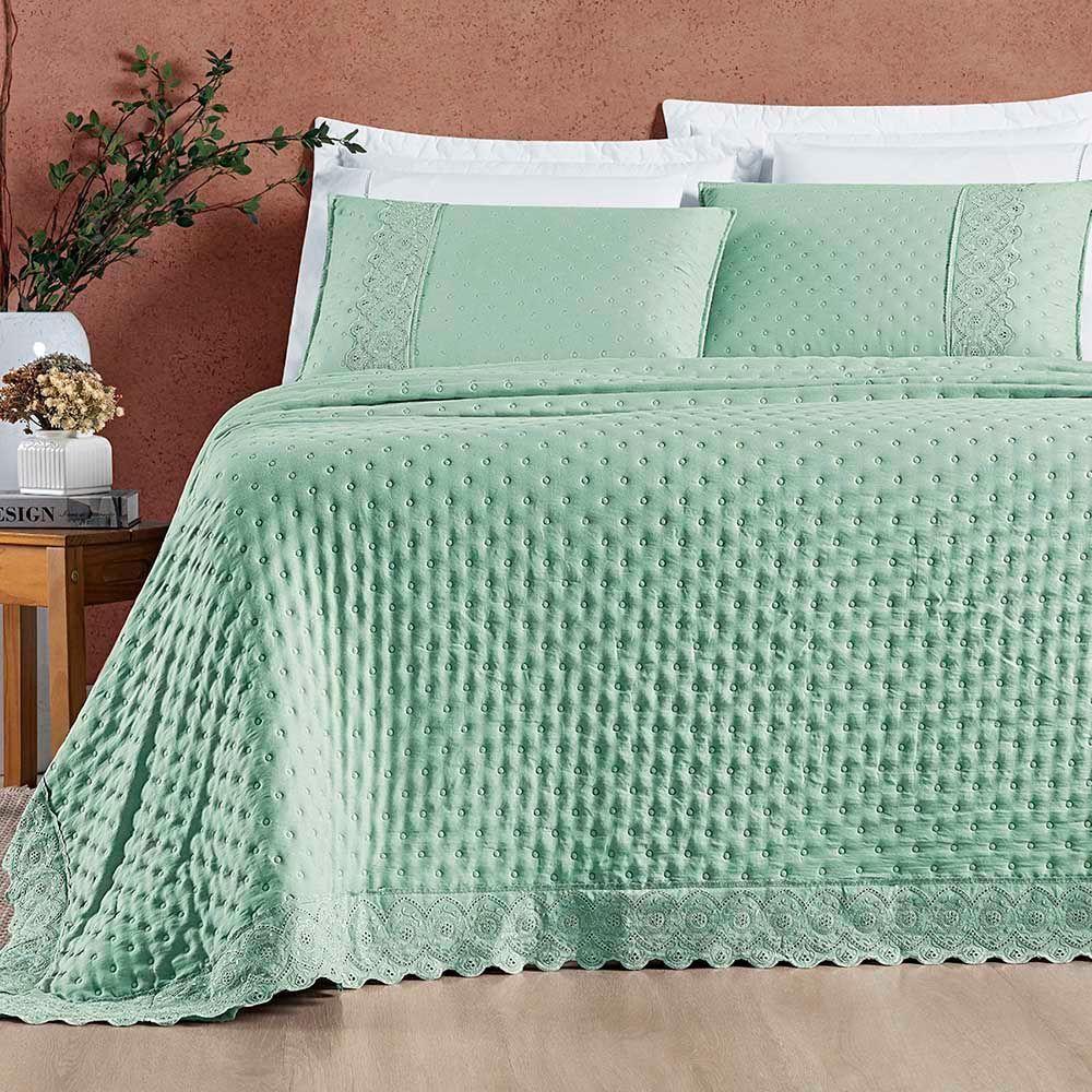 Kit Cobre Leito Colcha Nobre Casal King 3 Peças Micropercal 200 Fios Matelado - Verde Salvia - 3