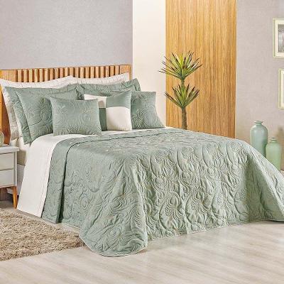 Kit Cobre Leito Colcha Diamante Queen 5 Peças Bordado Floral Dupla Face 180 Fios - Verde