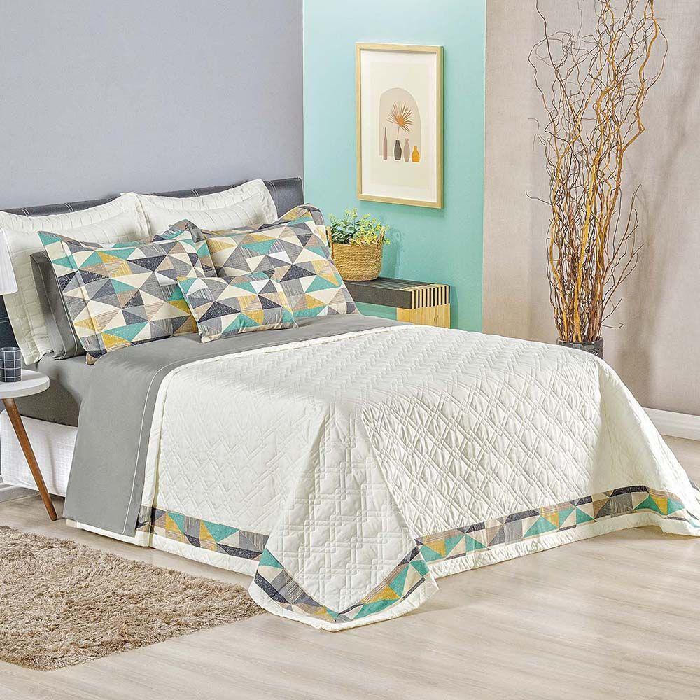 Kit Cobre Leito Colcha Geométrico Divine King 3 Peças Hiperpercal 180 Fios - Marfim - 1