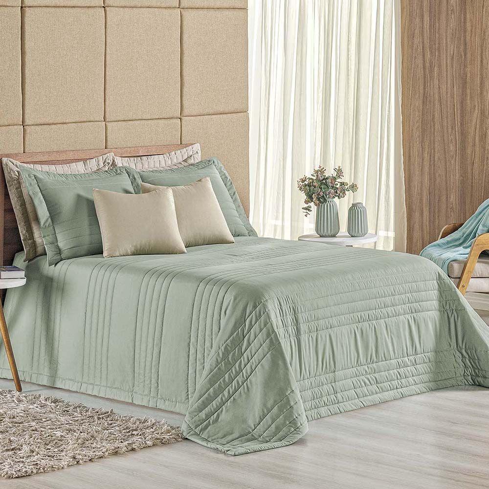Kit Cobre Leito Colcha Dobby Queen 3 Peças Matelado 180 Fios - Verde Malva - 1