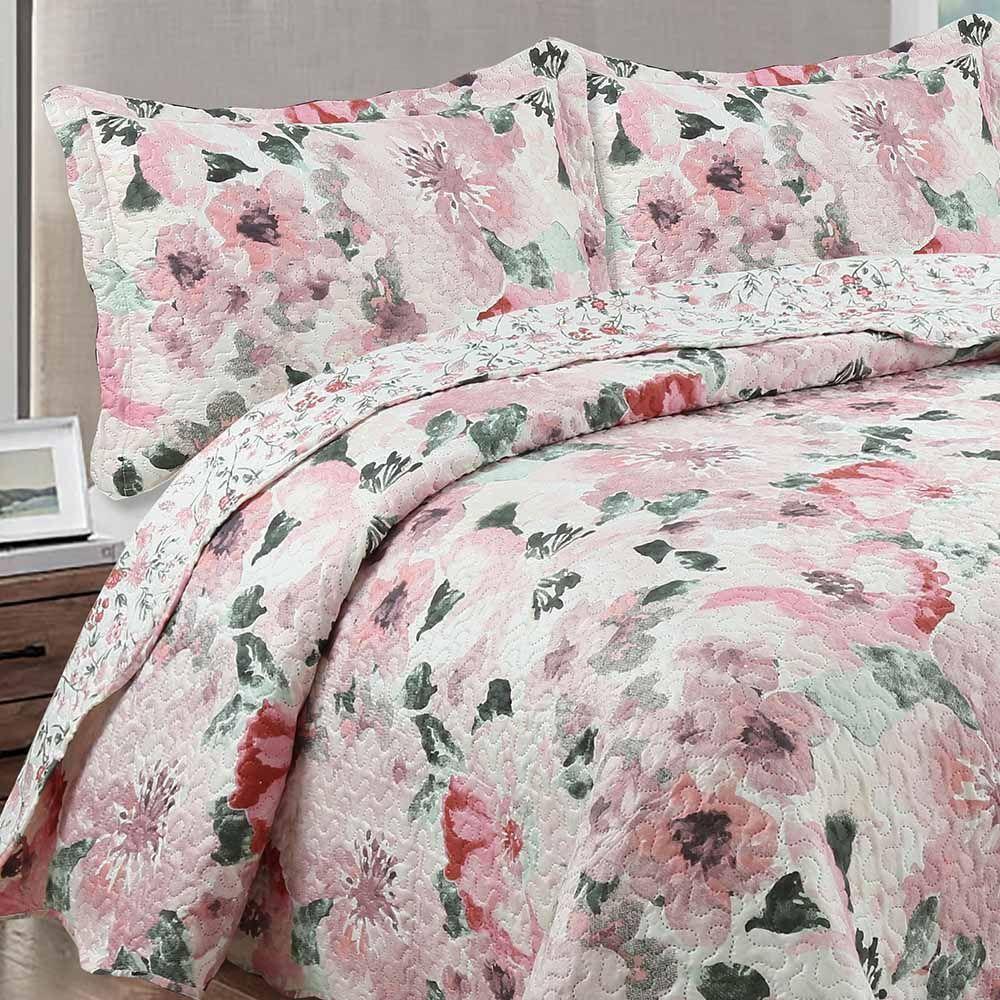 Kit Cobre Leito Colcha Daily King 3 Peças Dupla Face Estampado Floral - Sirlene Palha - 3