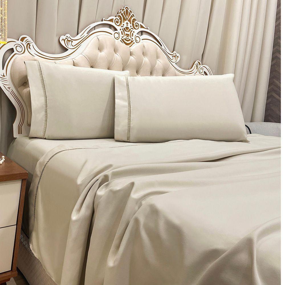Jogo De Cama Lençol Queen Realce Percal 400 Fios 3 Peças - Bege - 1