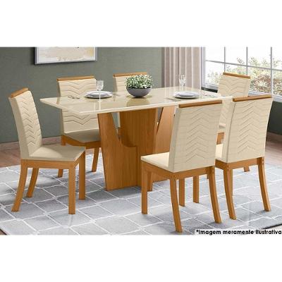 Sala de Jantar Completa Vértice Tampo Reto Madeirado c/Vidro 160x80cm e 6 Cadeiras Isa Nature/Veludo Light Linho - Henn